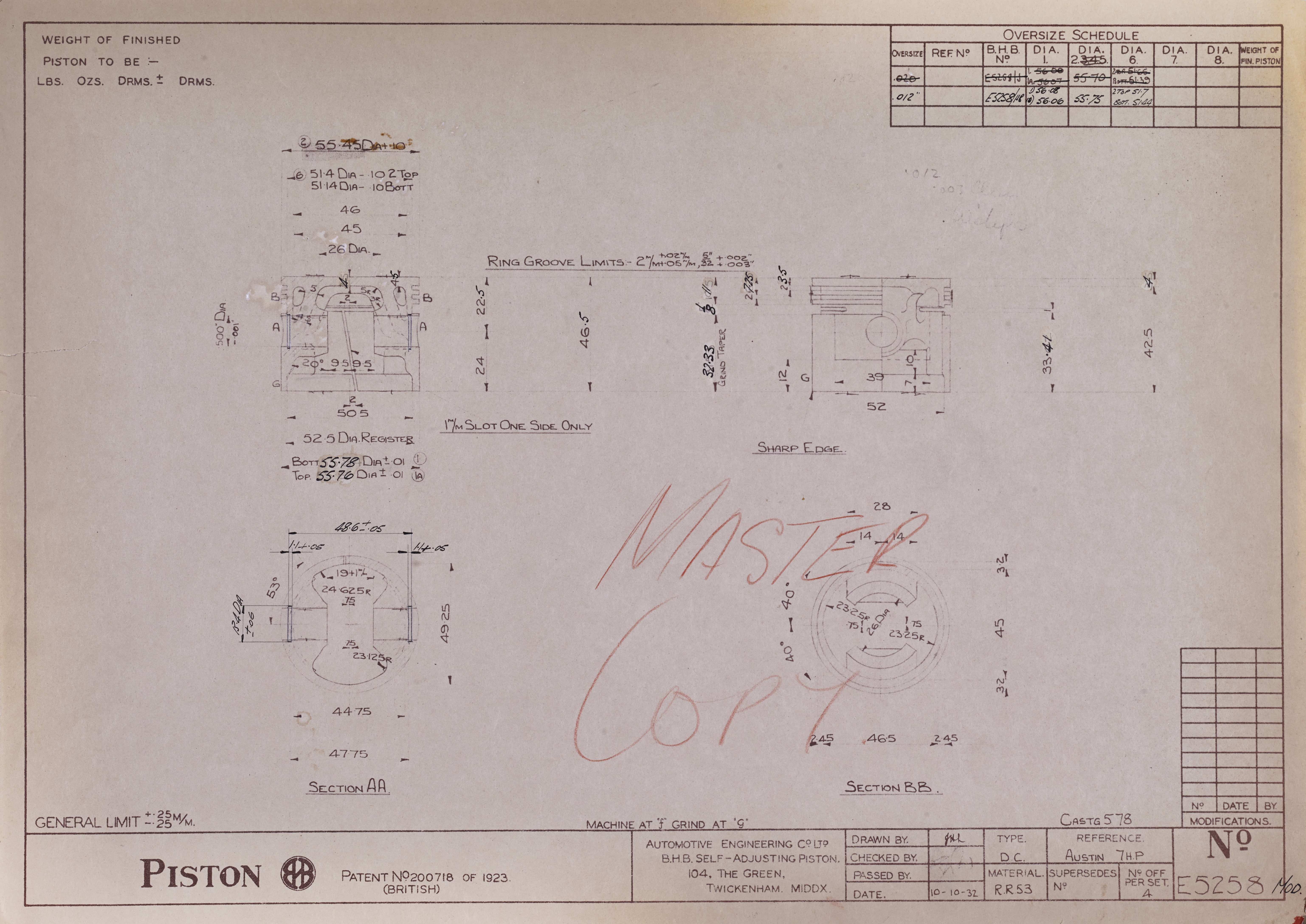 Piston; Ref, Austin 7HP; No E5258 Mod; Patent No 200718 of 1923 (British)-image