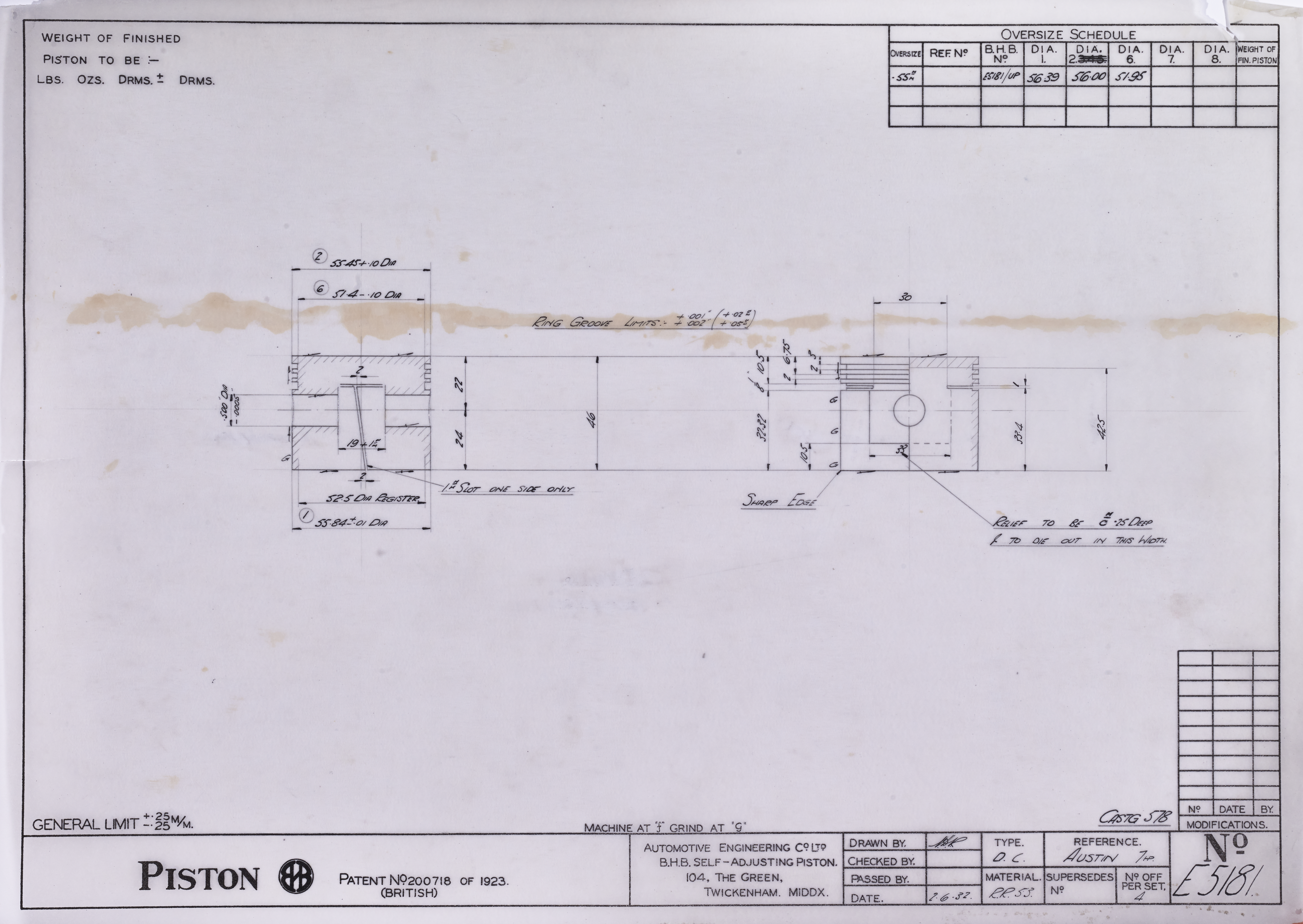 Piston Ref, Austin 7HP; No E5181; Patent No 200718 of 1923 (British);-image