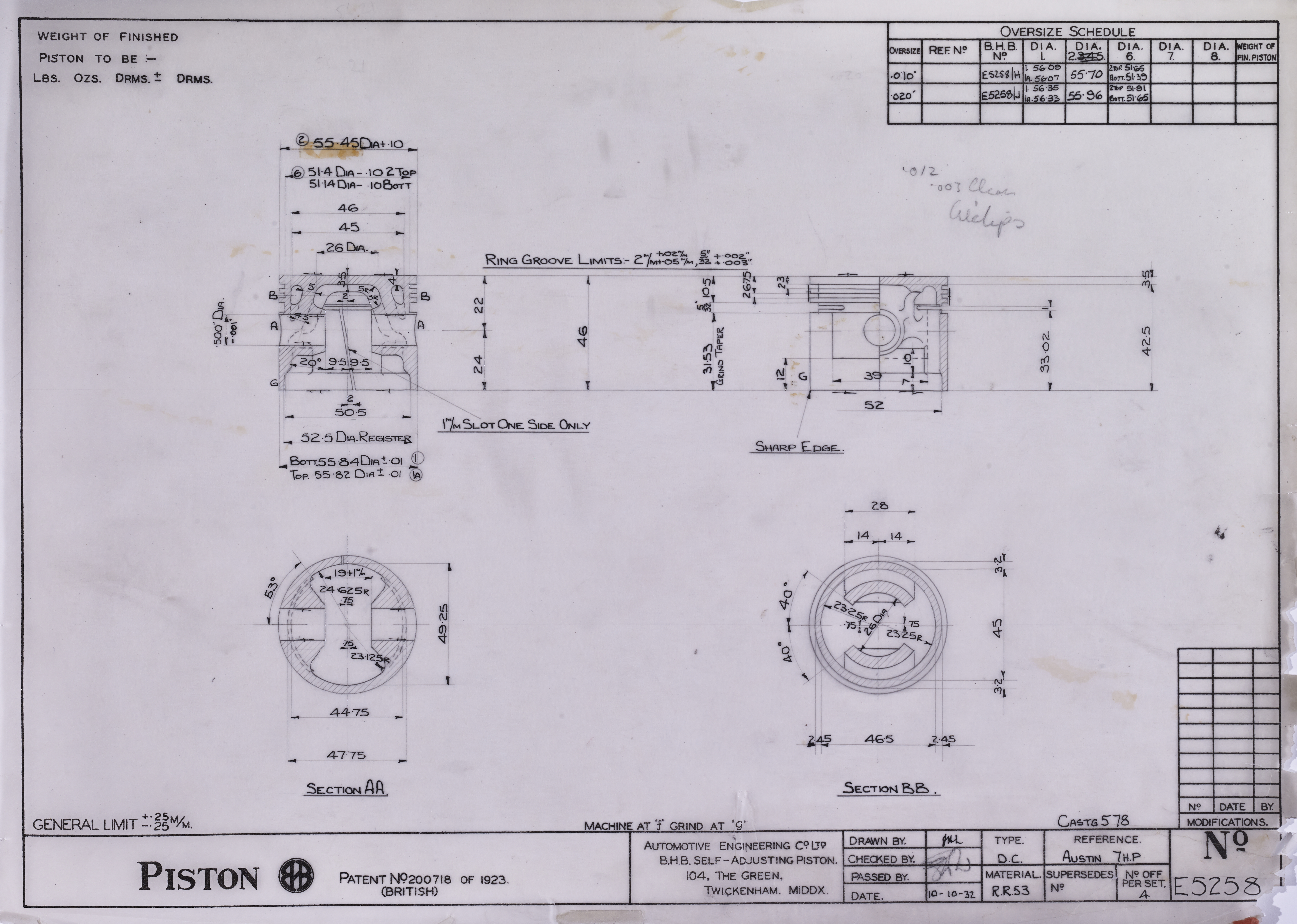 Piston; Ref, Austin 7HP; No E52??; Patent No 200718 of 1923 (British); Castg 578-image