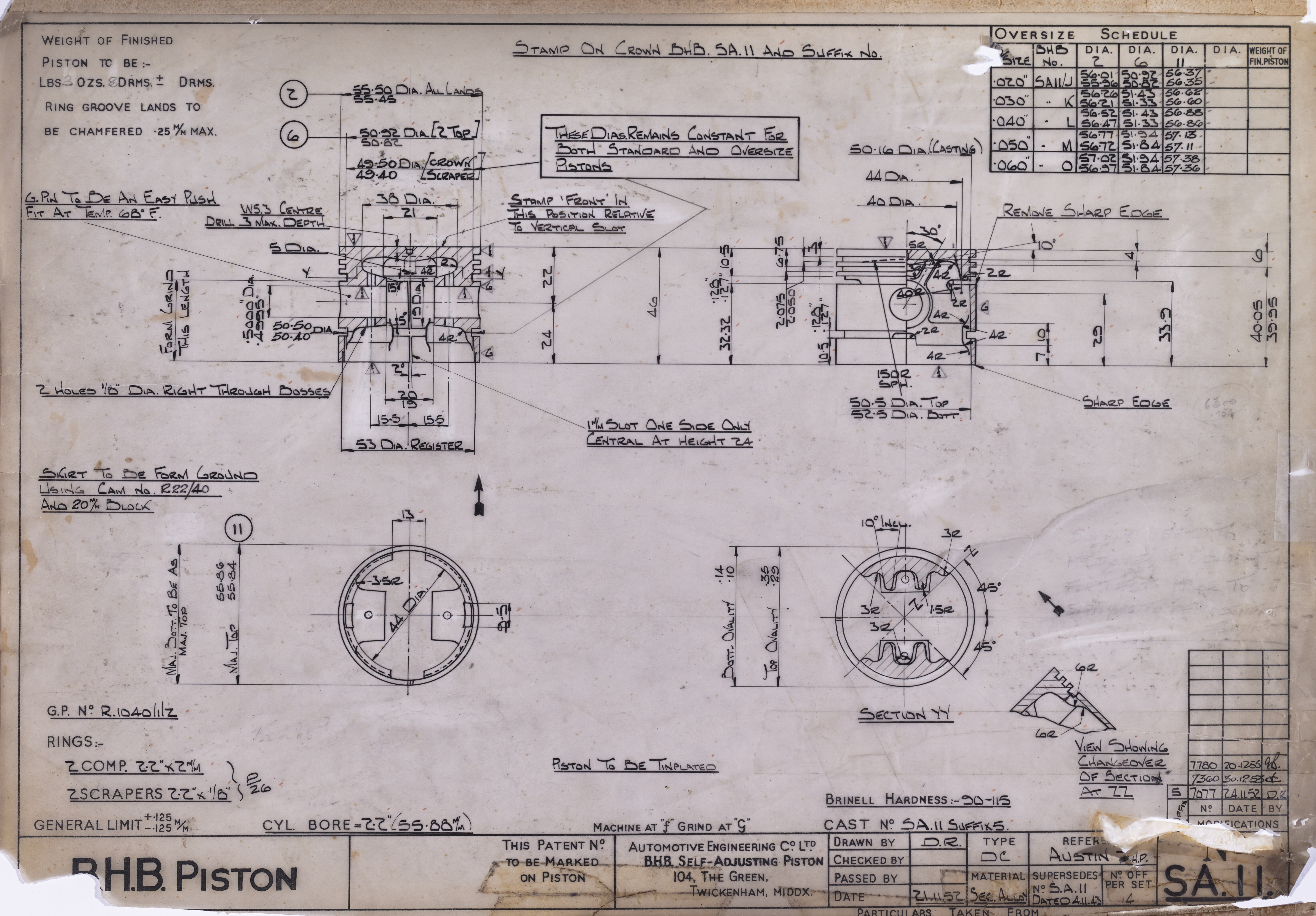 Piston; Ref, Austin 7HP; supersedes SA11 dated 4/11/43-image