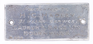 Plaque of gift to H.C. Hadley -31 years of service - Cadbury Bros Ltd Bournville-image